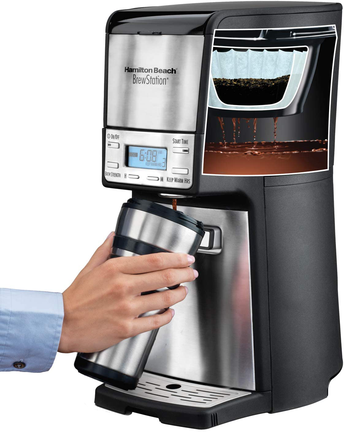 Hamilton Beach (48465) Coffee Maker with 12 Cup Capacity & Internal Storage Coffee Pot, Brewstation, Black & Stainless