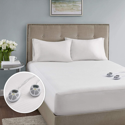 Serta Waterproof Mattress Pad-Cotton Blend Electric Bed Warmer with 10 Heat Settings Controller Zero Radiation, Auto Shut Off, 18" Deep All Around Elastic Pocket, Twin XL, White