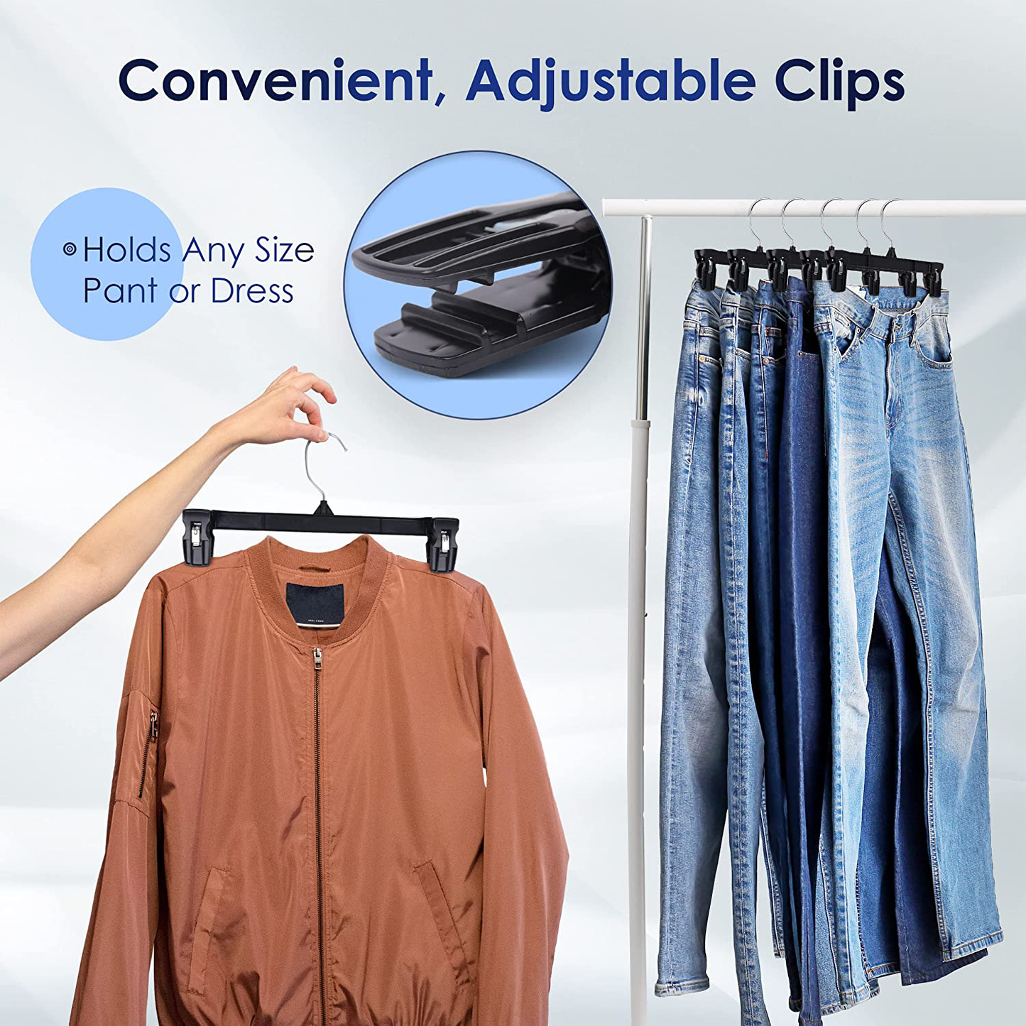 Hanger Central Space Saving, Heavy Duty Slim Plastic Pants Hangers, Ridged Non-Slip with Pinch Clips, 360-Rotating Chrome Swivel Hook, in Black, 10/12/14 Inch, 30 Pack (10")