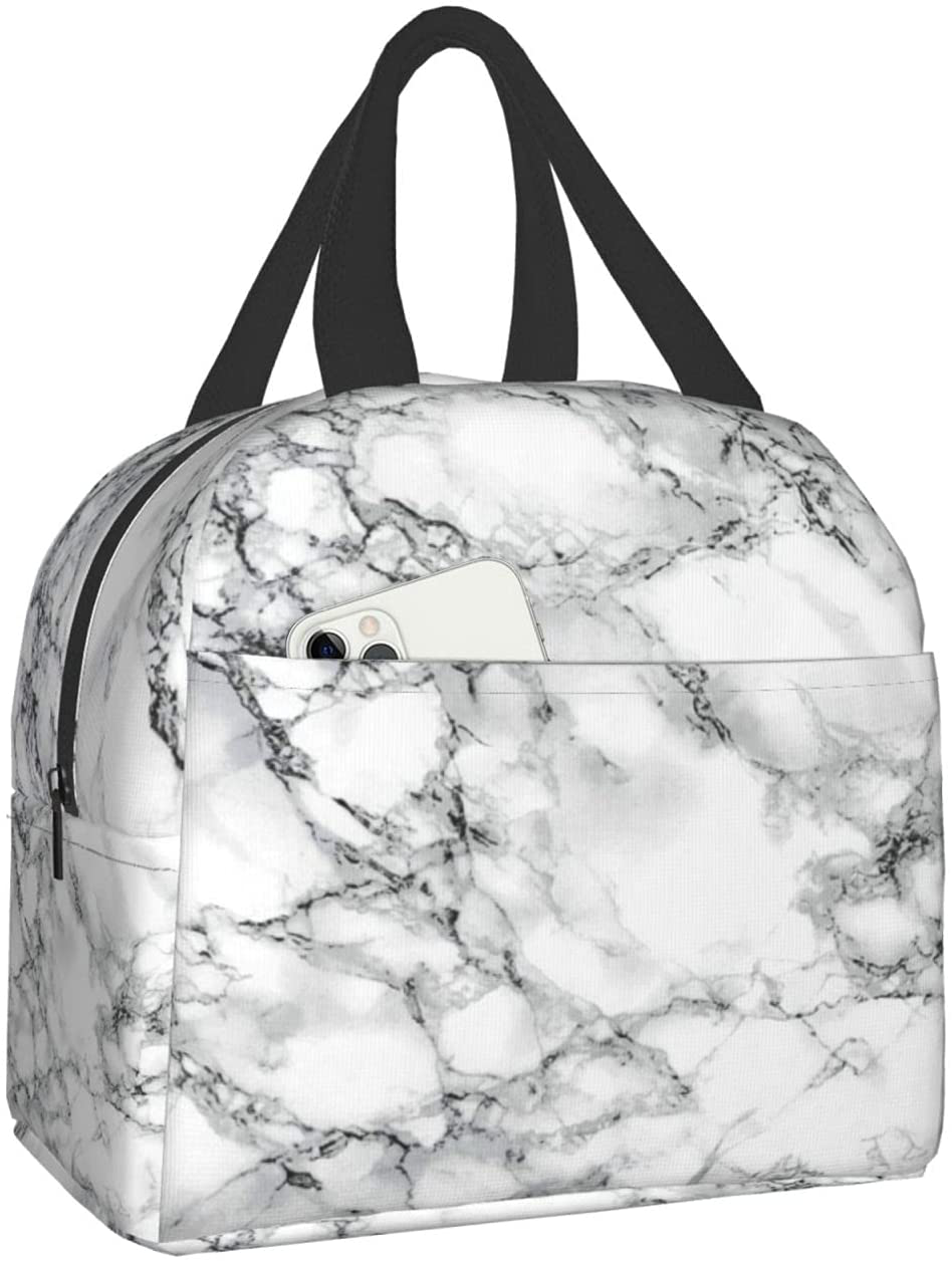 Easy Insulated Lunch Bags for Women Men, Cute Reusable Lunch Boxes Small Suitable Girls Boys Teens Work Picnic Travel, White Marble