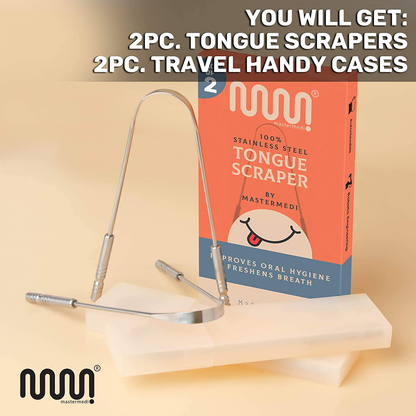 Tongue Scraper with Travel Case - 2 Pack, Fights Bad Breath, Medical Grade 100% Stainless Steel, Great for Oral Care, Tongue Cleaner for Adults and Kids, Easy to Use with Non-Synthetic Handle
