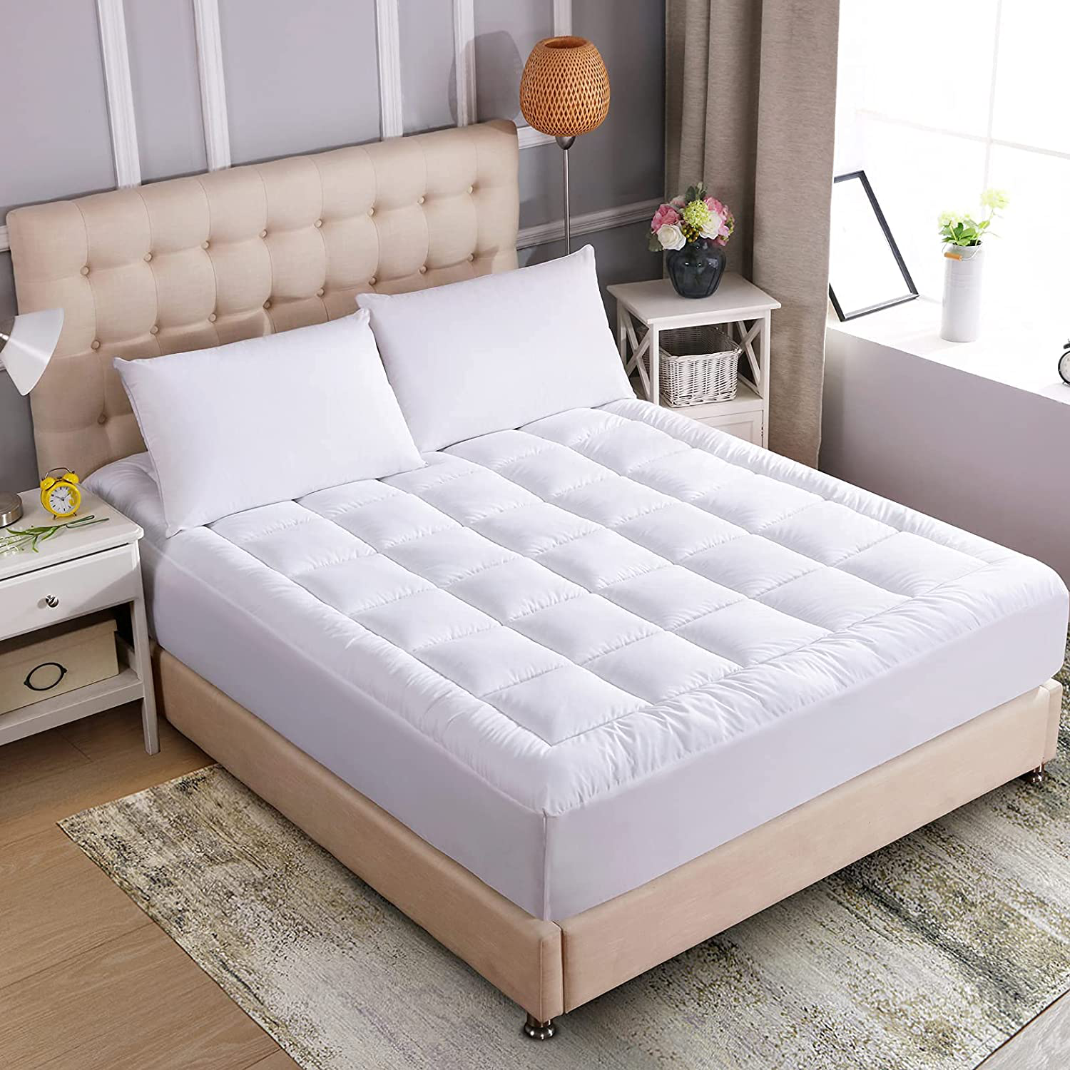 WhatsBedding Waterproof Mattress Pad Full Size Cotton Top Down Alternative Filling Pillowtop Mattress Topper Cover-Fitted Quilted(Waterproof Full)