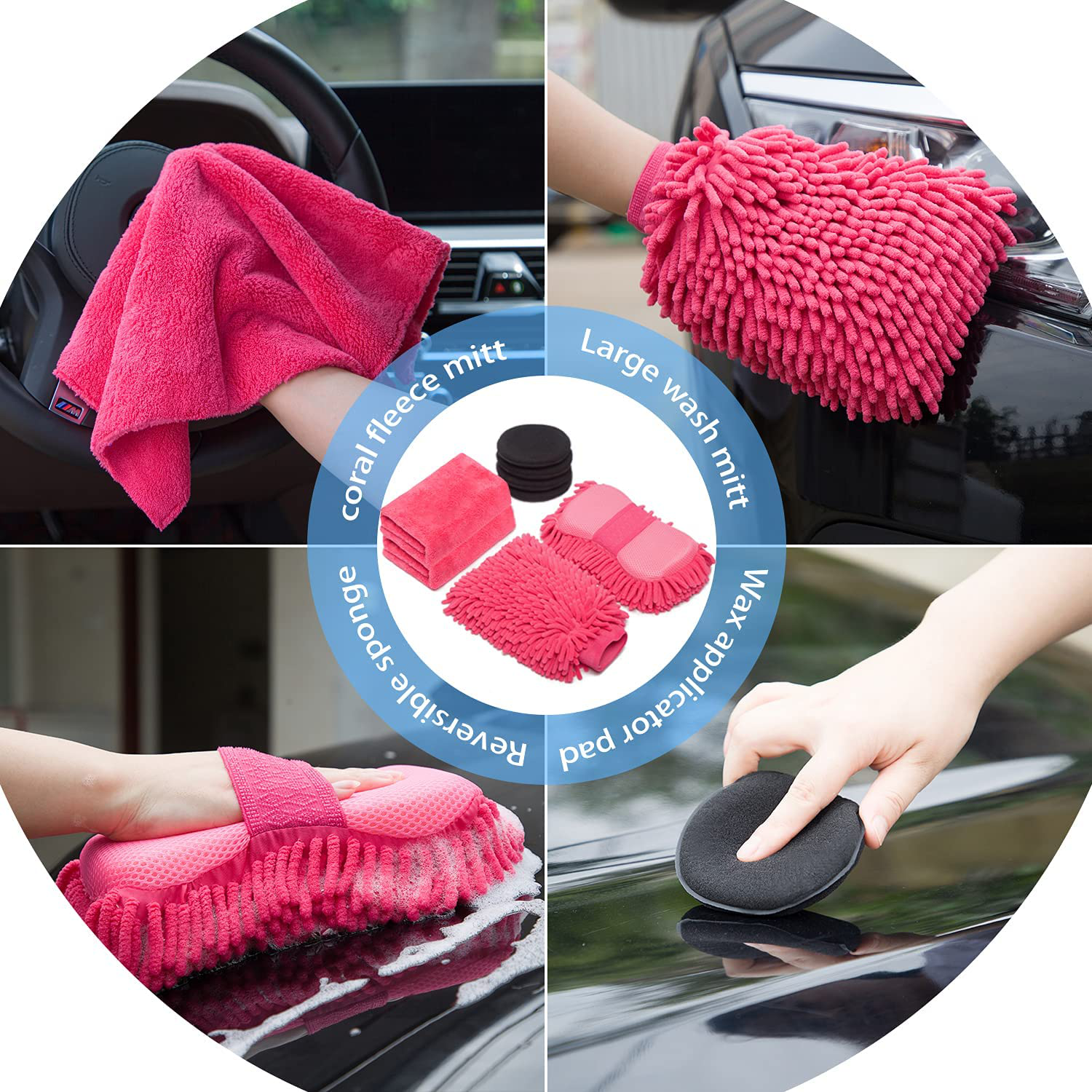 AUTODECO 22Pcs Car Wash Cleaning Tools Kit Car Detailing Set with Black Canvas Bag Pink Collapsible Bucket Wash Mitt Sponge Towels Tire Brush Window Scraper Duster Complete Interior Car Care Kit