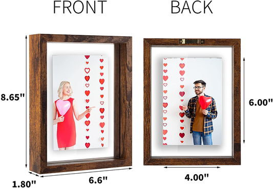WIFTREY 2 Pack 4x6 Floating Picture Frames, Double Glass Rustic Photo Frame for Wall Hanging or Tabletop Standing, Displays Photo up to 6x8, Brown
