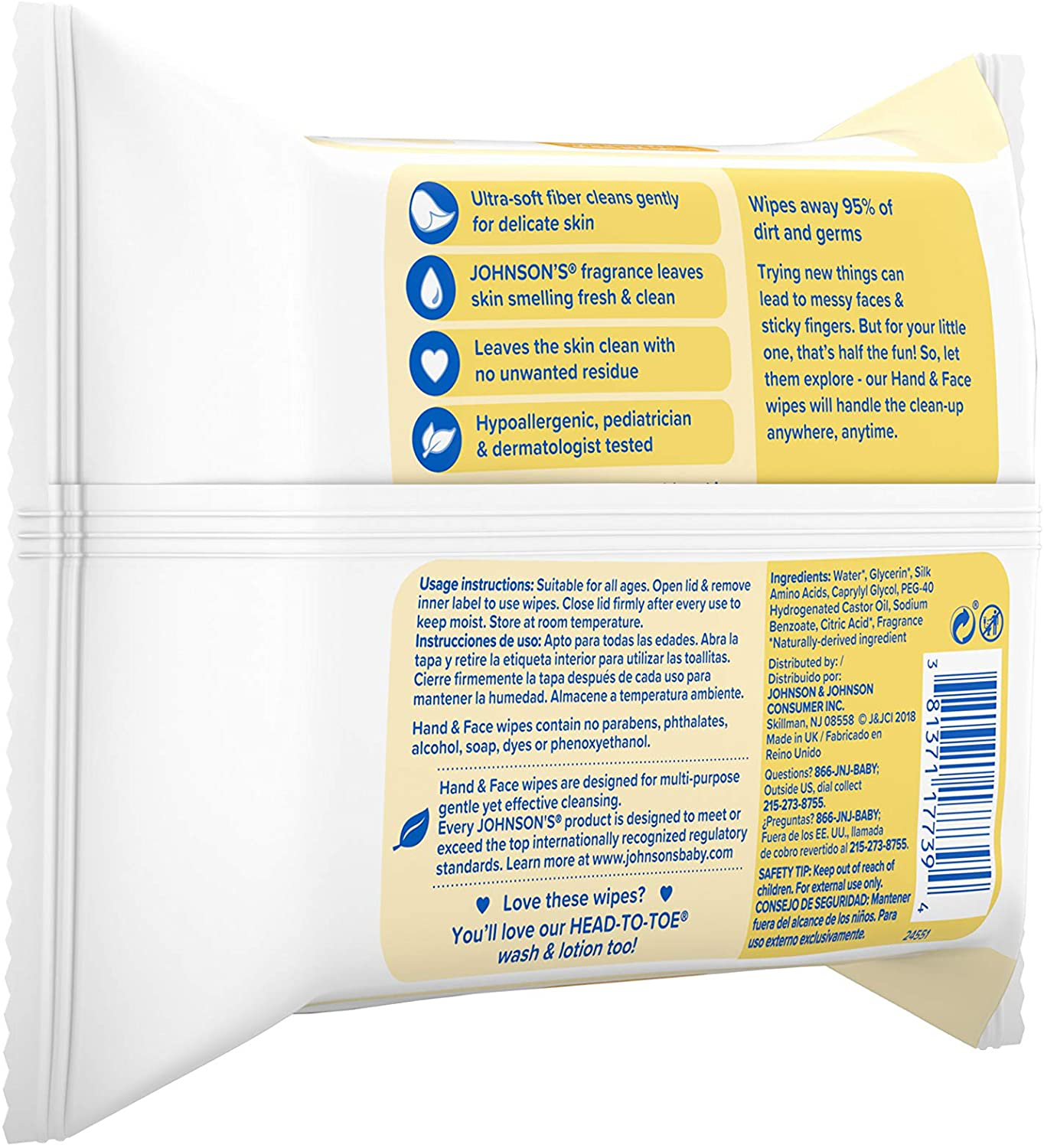 Johnson's Baby Hand & Face Baby Sanitizing Cleansing Wipes for Travel and OnTheGo, No More Tears Formula, Paraben and Alcohol Free, White, 25 Count