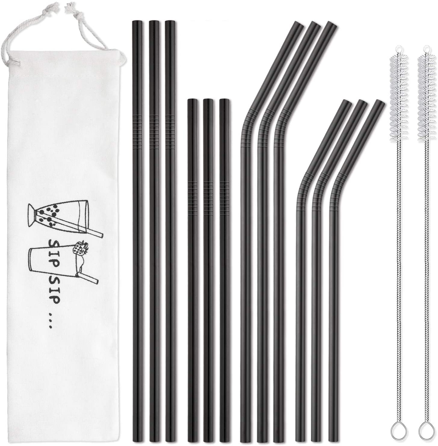 Hiware 12-Pack Black Stainless Steel Straws Reusable with Case - Metal Drinking Straws for 30oz and 20oz Tumblers Yeti Dishwasher Safe, 2 Cleaning Brushes Included