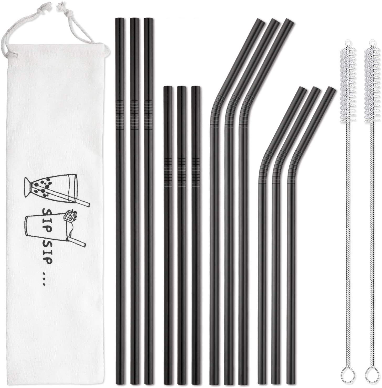 Hiware 12-Pack Black Stainless Steel Straws Reusable with Case - Metal Drinking Straws for 30oz and 20oz Tumblers Yeti Dishwasher Safe, 2 Cleaning Brushes Included
