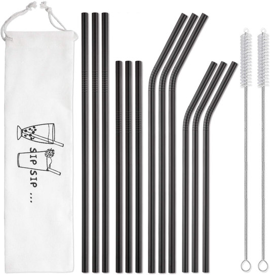 Hiware 12-Pack Black Stainless Steel Straws Reusable with Case - Metal Drinking Straws for 30oz and 20oz Tumblers Yeti Dishwasher Safe, 2 Cleaning Brushes Included