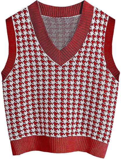 Jlihang Oversized Houndstooth Knitted Vest Sweater Vintage V Neck Loose Sleeveless Sweater