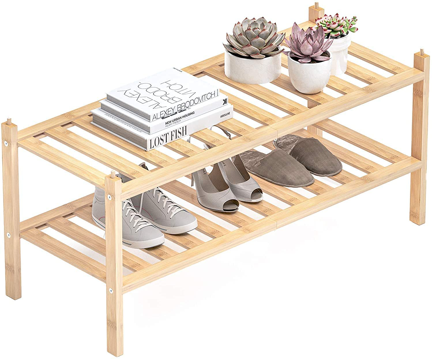 Dranixly Bamboo 2-Tier Shoe Rack Stackable Shoe Shelf Storage Organizer for Entryway, Hallway and Closet, 27.2"x11"x13.2" (Natural)