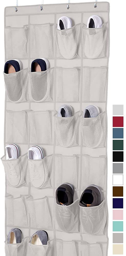 Gorilla Grip Large 24 Pocket Shoe Organizer, Breathable Mesh, Holds Up to 40 Pounds, Sturdy Hooks, Space Saving, Over Door, Storage Rack Hangs on Closets for Shoes, Sneakers or Home Accessories, Linen