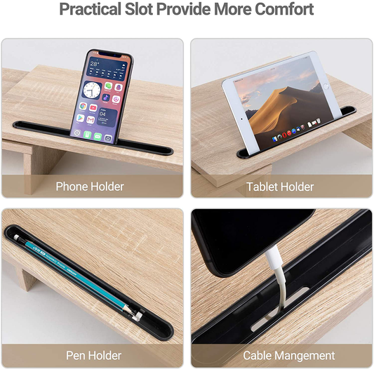AMERIERGO Dual Monitor Stand Riser- 3 Shelf Screen Stand with Adjustable Length and Angle, 2 Extra Functional Slot Desktop Organizer Stand for PC, Computer, Laptop (Light Wood)