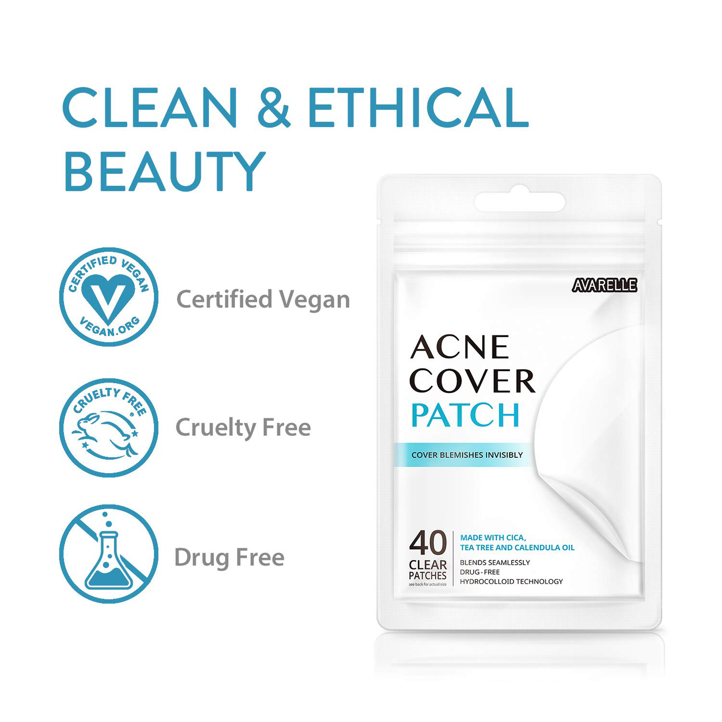 Avarelle Acne Pimple Patch (40 Count) Absorbing Hydrocolloid Spot Treatment with Tea Tree Oil, Calendula Oil and Cica, Certified Vegan, Cruelty Free (ORIGINAL / 40 COUNT)