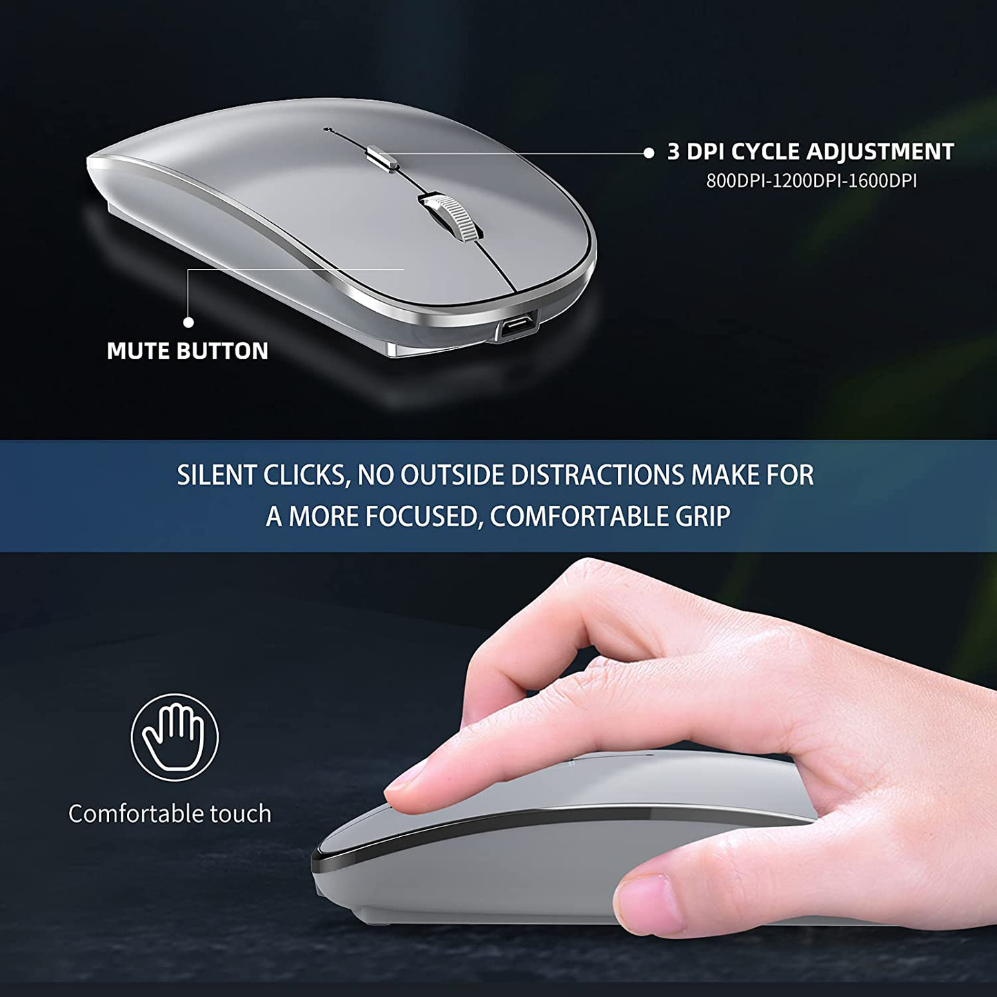 Halpilt Wireless Mouse Rechargeable, Portable, Silent Click USB-A Type-C Dual Mode 3 Adjustable DPI Business Office Leisure Home Small Mouse (Q23S Grey)