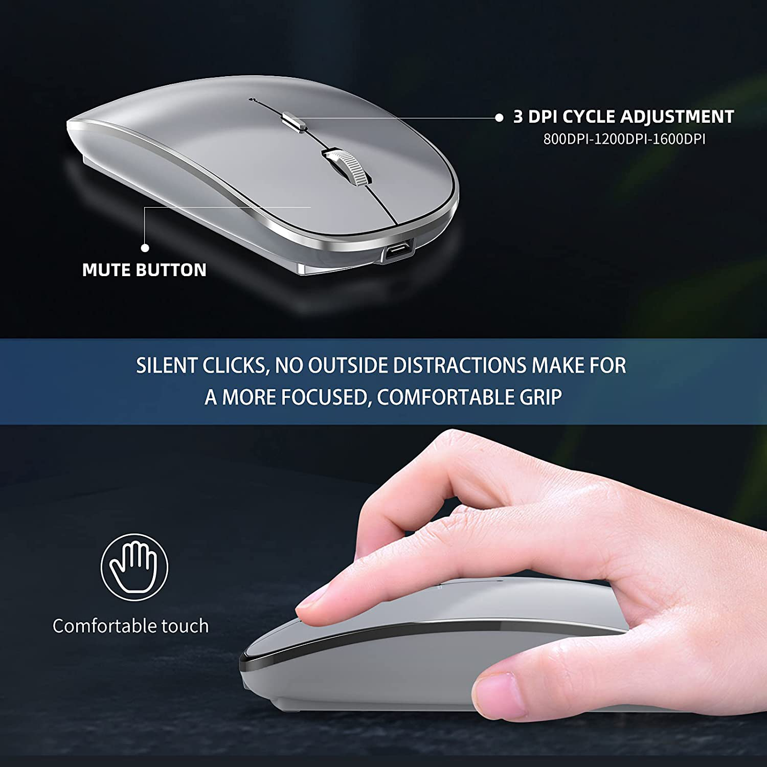 Halpilt Wireless Mouse Rechargeable, Portable, Silent Click USB-A Type-C Dual Mode 3 Adjustable DPI Business Office Leisure Home Small Mouse (Q23S Grey)
