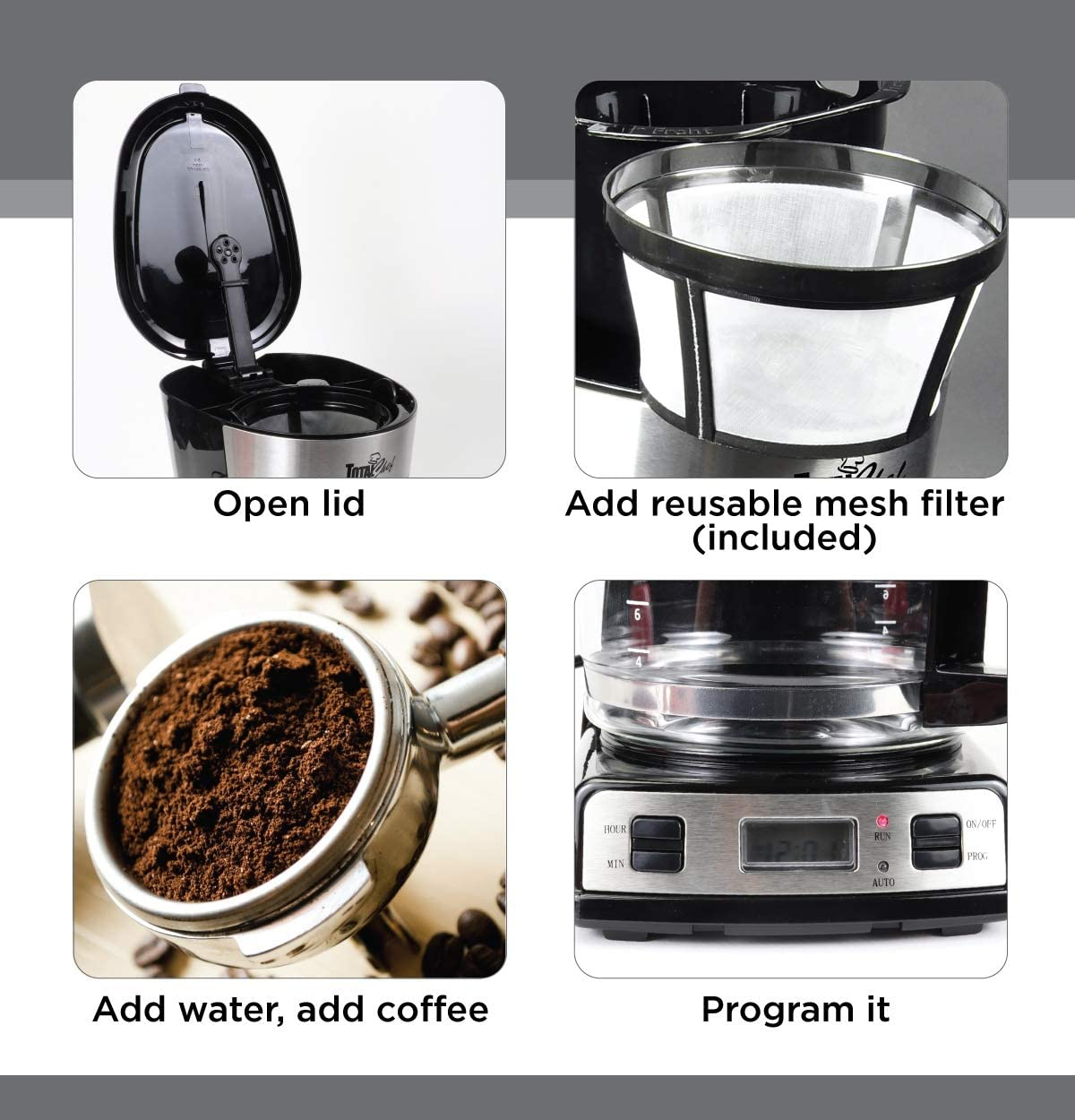 Total Chef TCCM06 Programmable Coffee Maker Stainless Steel with 12-Cup Glass Carafe, LCD Display,Easy Cleanup, Reusable Basket Filter, Countertop, Black/Gray