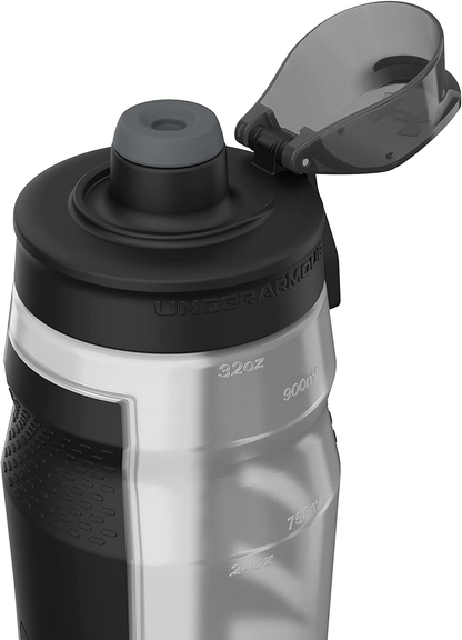 Under Armour 32oz Playmaker Squeeze Water Bottle, Sanitary Cap Cover, High Flow Push/ Pull Nozzle, Non-Slip Grip, Finger Loop Carry, Fits Bike Holder, Cycling, Gym, Hiking, All Sports