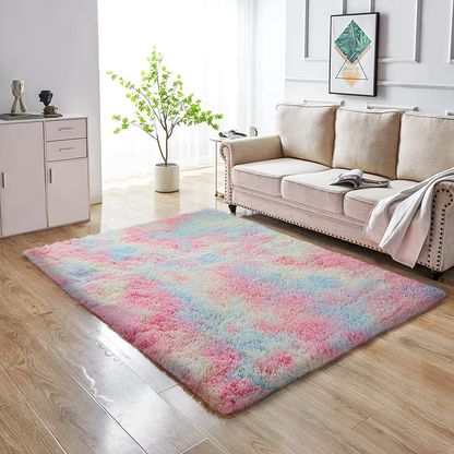 GKLUCKIN Shag Ultra Soft Area Rug, Non-Skid Fluffy 5'x8' Tie-Dyed Light Grey Fuzzy Indoor Faux Fur Rugs for Living Room Bedroom Nursery Decor Furry Carpet Kids Playroom