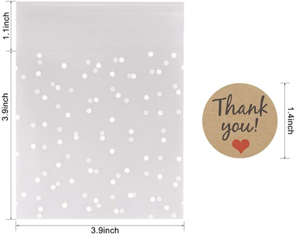 Self Adhesive Cookie Bags Treat Bags, Resealable Cellophane Bags, White Polka Dot Individual Cookie Bags with Thank You Stickers for Gift Giving