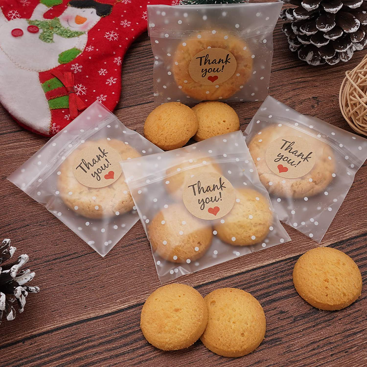 Self Adhesive Cookie Bags Treat Bags, Resealable Cellophane Bags, White Polka Dot Individual Cookie Bags with Thank You Stickers for Gift Giving