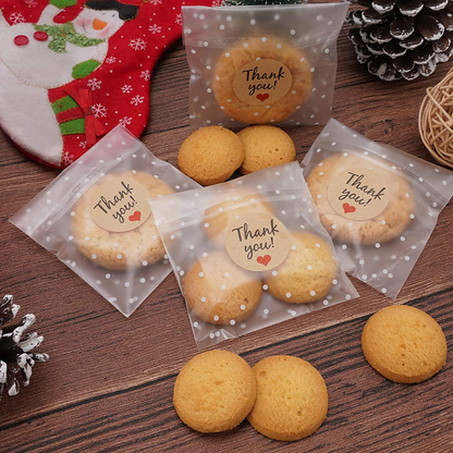 Self Adhesive Cookie Bags Treat Bags, Resealable Cellophane Bags, White Polka Dot Individual Cookie Bags with Thank You Stickers for Gift Giving