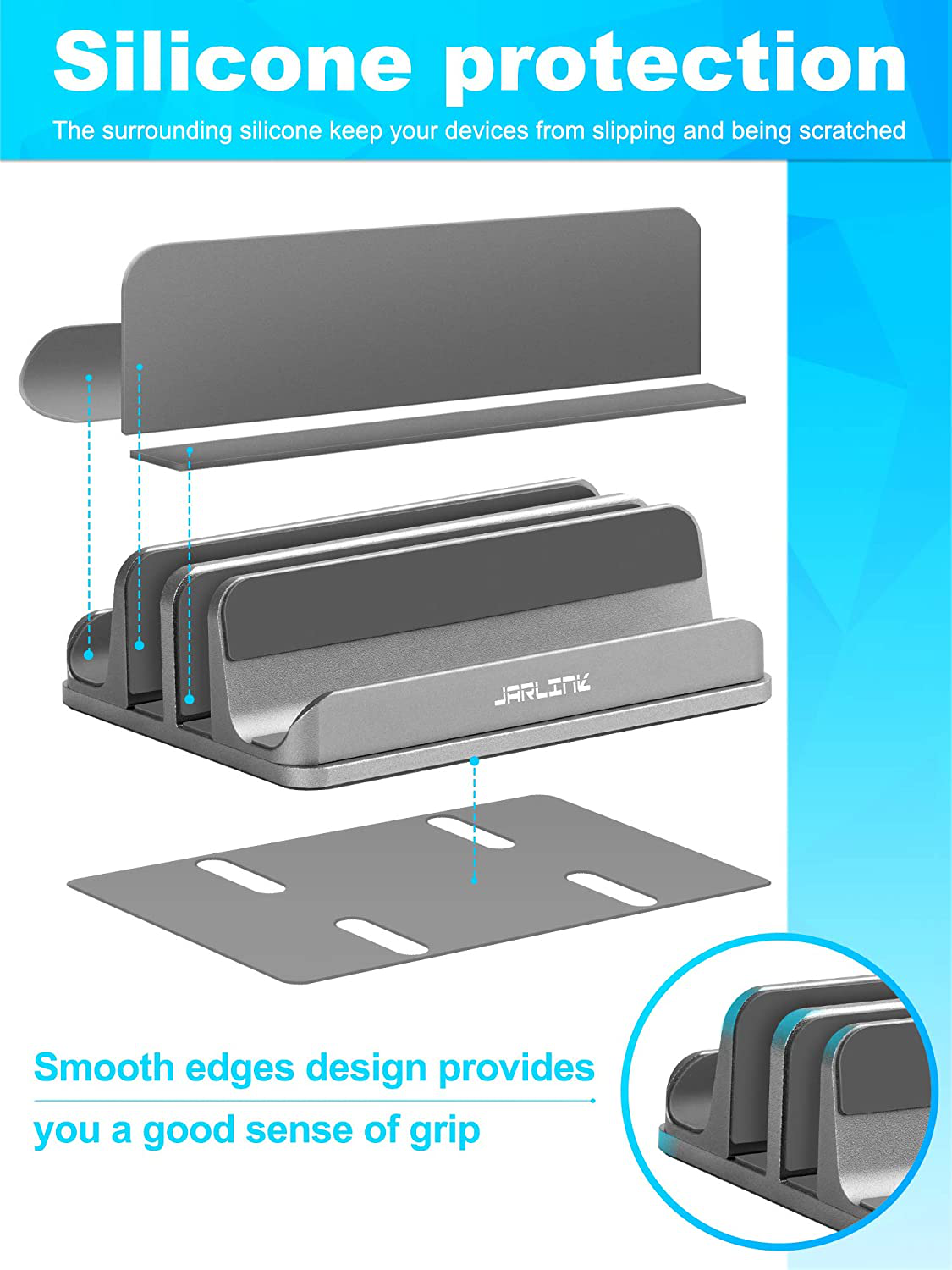 JARLINK Adjustable Vertical Laptop Stand, Desktop Stand Adjustable Laptop Holder with 2 Slots (up to 17.3 inches), Compatible with All MacBook Pro/Air/Microsoft Surface, Newly Designed, (Gray)