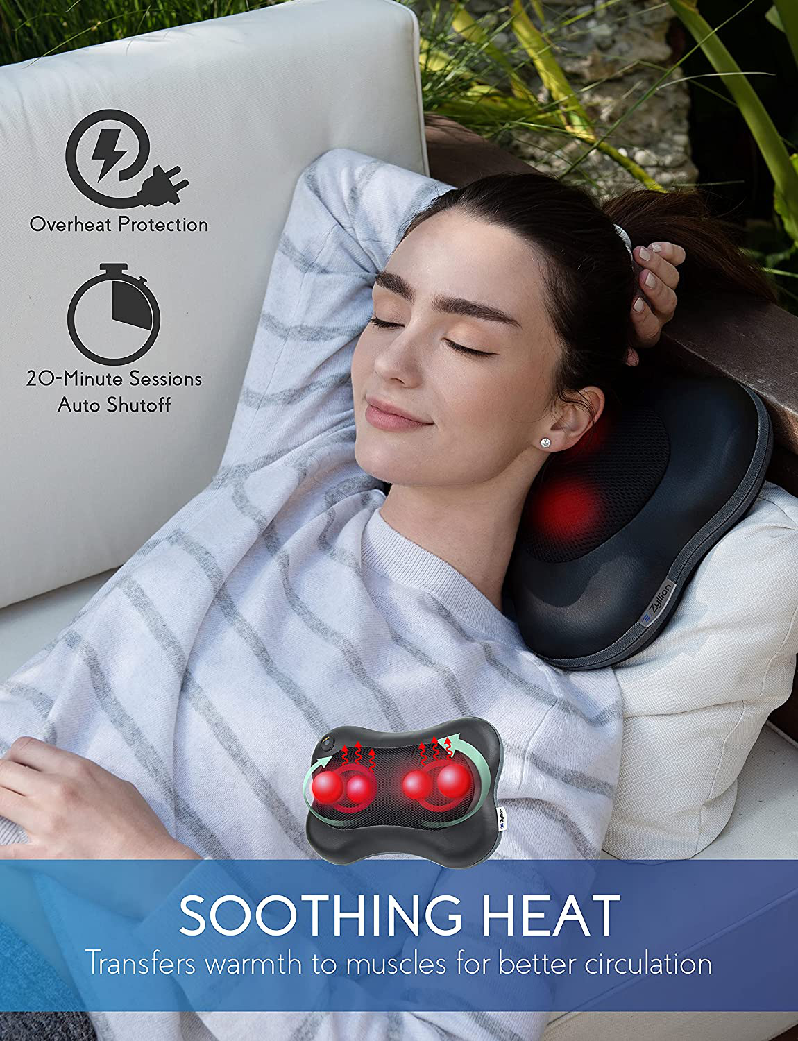 Zyllion Shiatsu Back and Neck Massager - Kneading Massage Pillow with Heat for Shoulders, Calf, Legs, Feet, Hands, Home, Office, Chair and Car - Black (ZMA-13-BK)