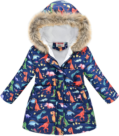 UWBACK Winter Coat for Girls Hooded Floral Print Kids Warm Cotton Parka