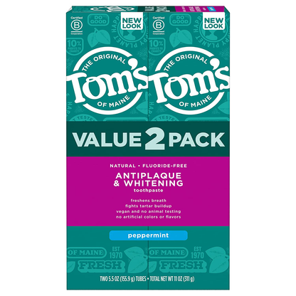 Tom's of Maine Fluoride-Free Antiplaque & Whitening Toothpaste, Travel Size, Peppermint, 1 oz. 12-Pack (Packaging May Vary)