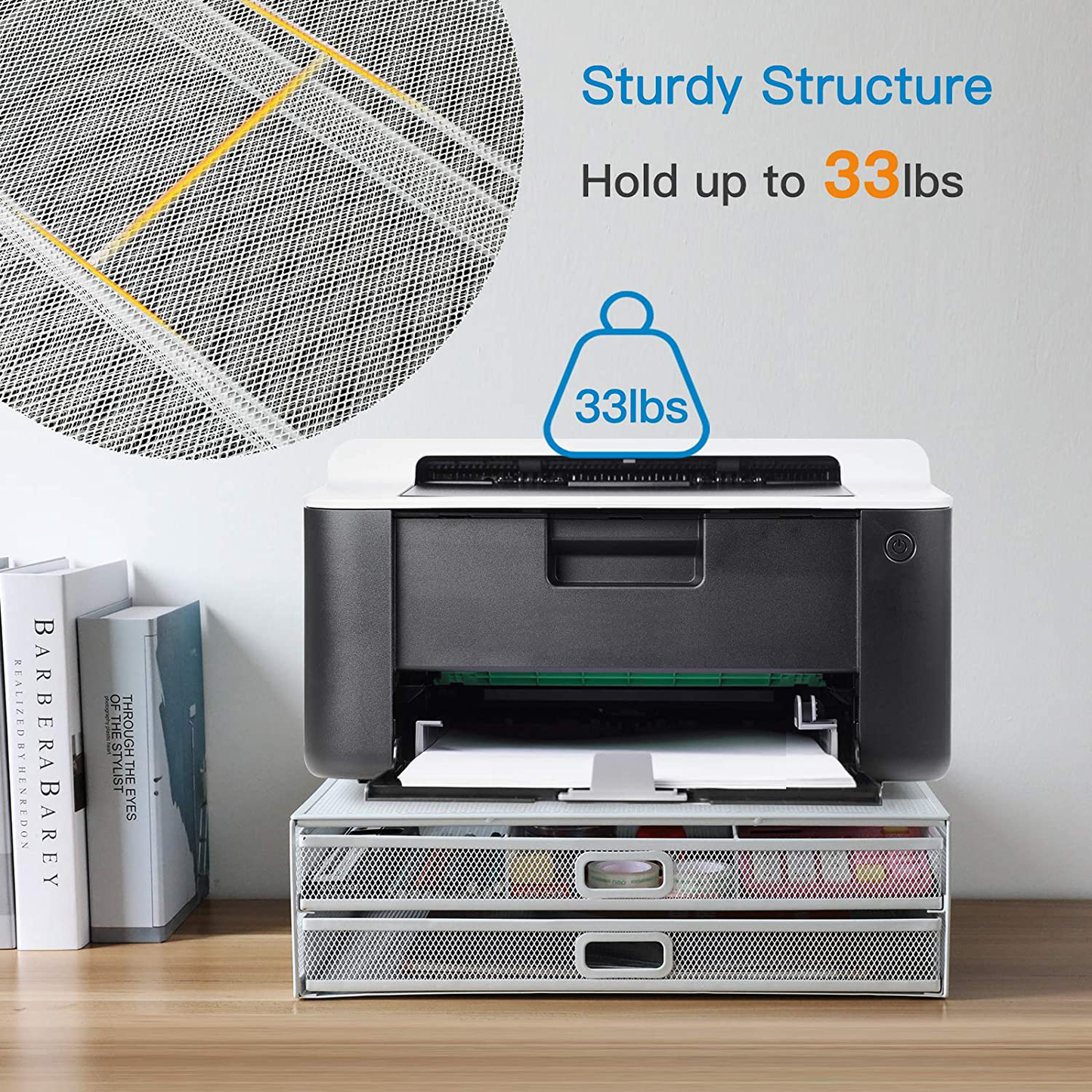 HUANUO Monitor Stand Riser with Drawer - Mesh Metal Desk Organizer PC, Laptop, Notebook, Printer Holder with Pull Out Storage Drawer (White)