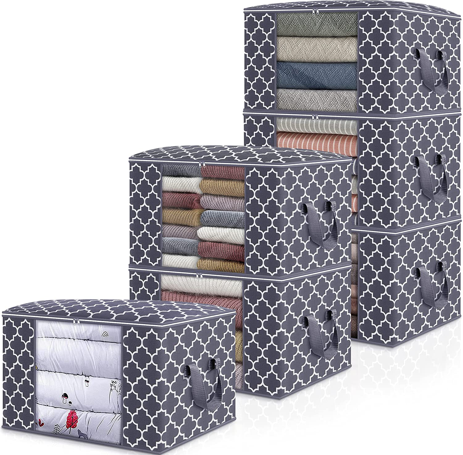 WISELIFE Storage Bags 100L [6 Pack] Large Blanket Clothes Organization and Storage Containers for Bedding, Comforters, Foldable Organizer with Reinforced Handle, Clear Window, Sturdy Zippers, Grey