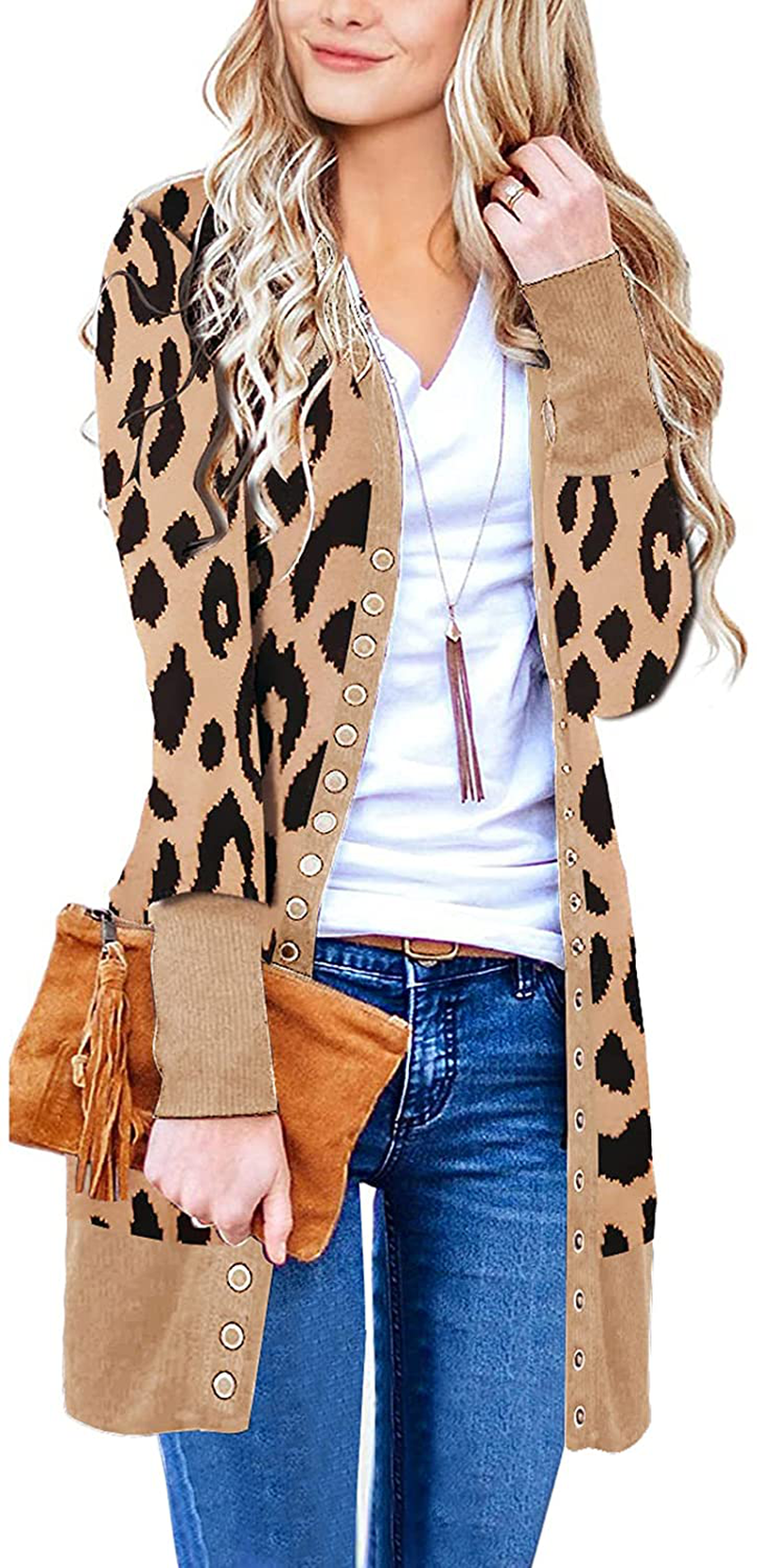 MEROKEETY Women's Long Sleeve Snap Button Down Solid Color Knit Ribbed Neckline Cardigans