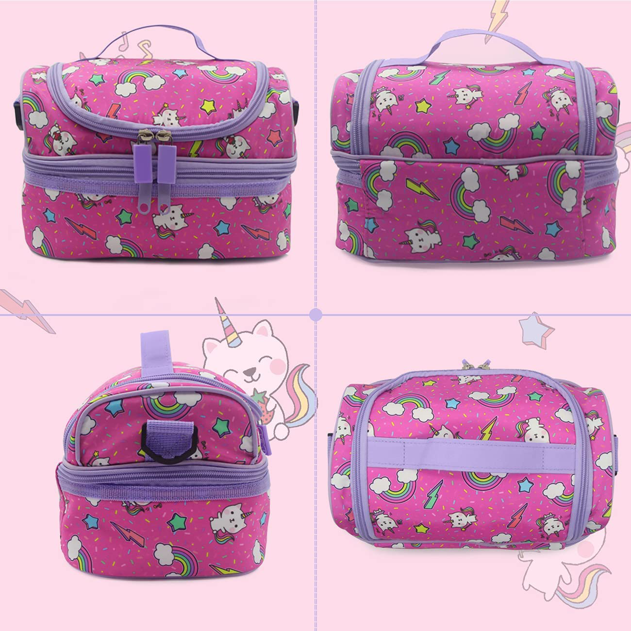 Lunch Bag for Girls,ChaseChic Insulated Lunch Boxes Bag for Kids Lightweight Lunch Organizer Leak-Proof Cooler Bag in Dual Compartment with Detachable Adjustable Shoulder Strap 3-18Years,Pink Cat