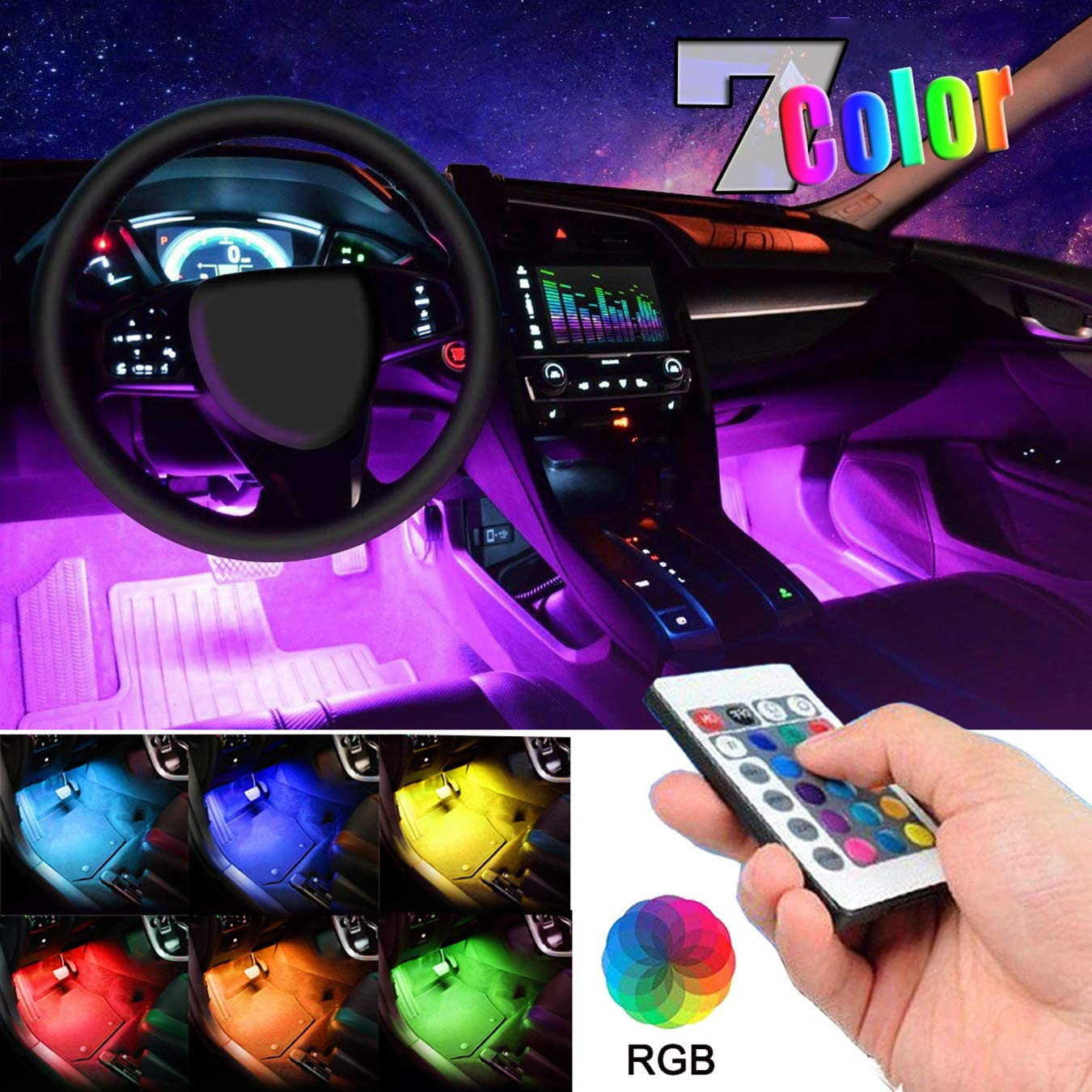 EJ's SUPER CAR Car LED Strip Light, 4pcs 36 LED Multi-Color Car Interior Lights Under Dash Lighting Waterproof Kit with Multi-Mode Change and Wireless Remote Control, Car Charger Included,DC 12V