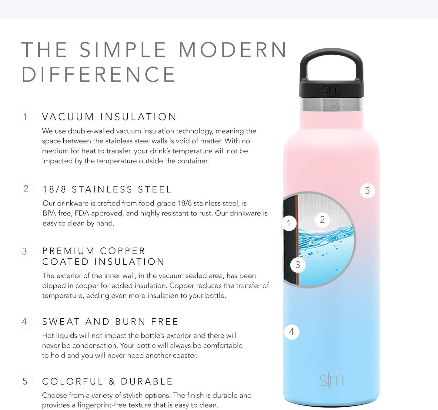 Simple Modern Insulated Water Bottle with Handle Lid Reusable Ascent Narrow Mouth Stainless Steel Thermos Flask, 20oz Handle Lid, Ombre: Sweet Taffy