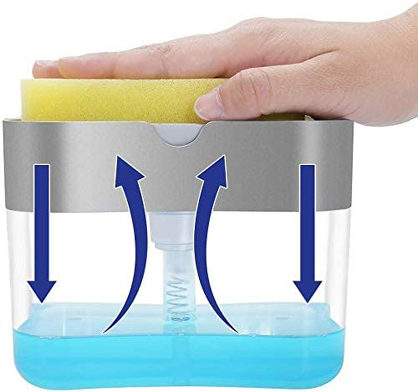 Aeakey Soap Dispenser,Dish Soap Dispenser for Kitchen,Sponge Holder Sink Dish Washing Soap Dispenser 13 Ounces (Silver)
