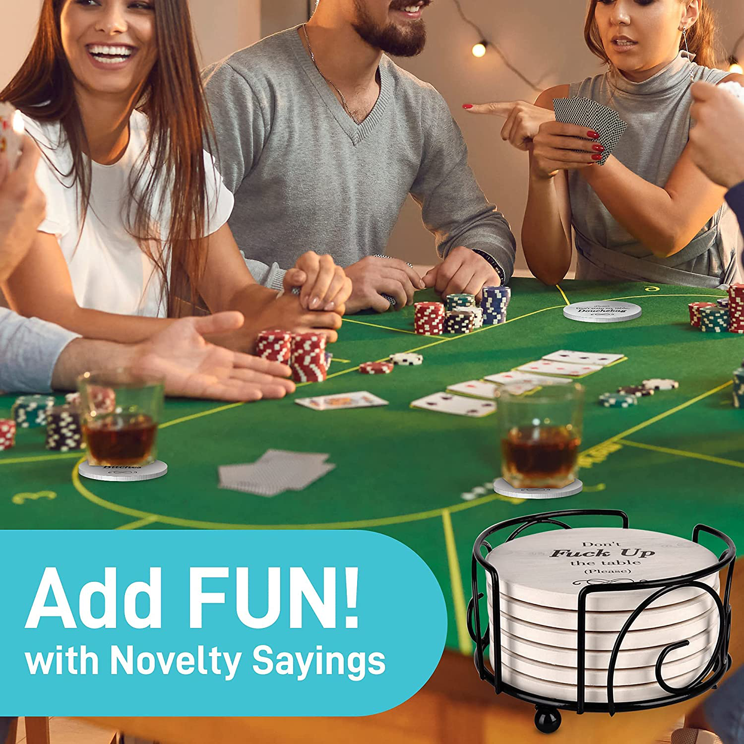 Funny Coasters for Drinks with Holder - Absorbent Drink Coasters Set 6 Pcs - 3 Sayings - Housewarming Gift for Friends - Men, Women Birthday - Cool Home Decor - Living Room, Kitchen, Bar Decorations
