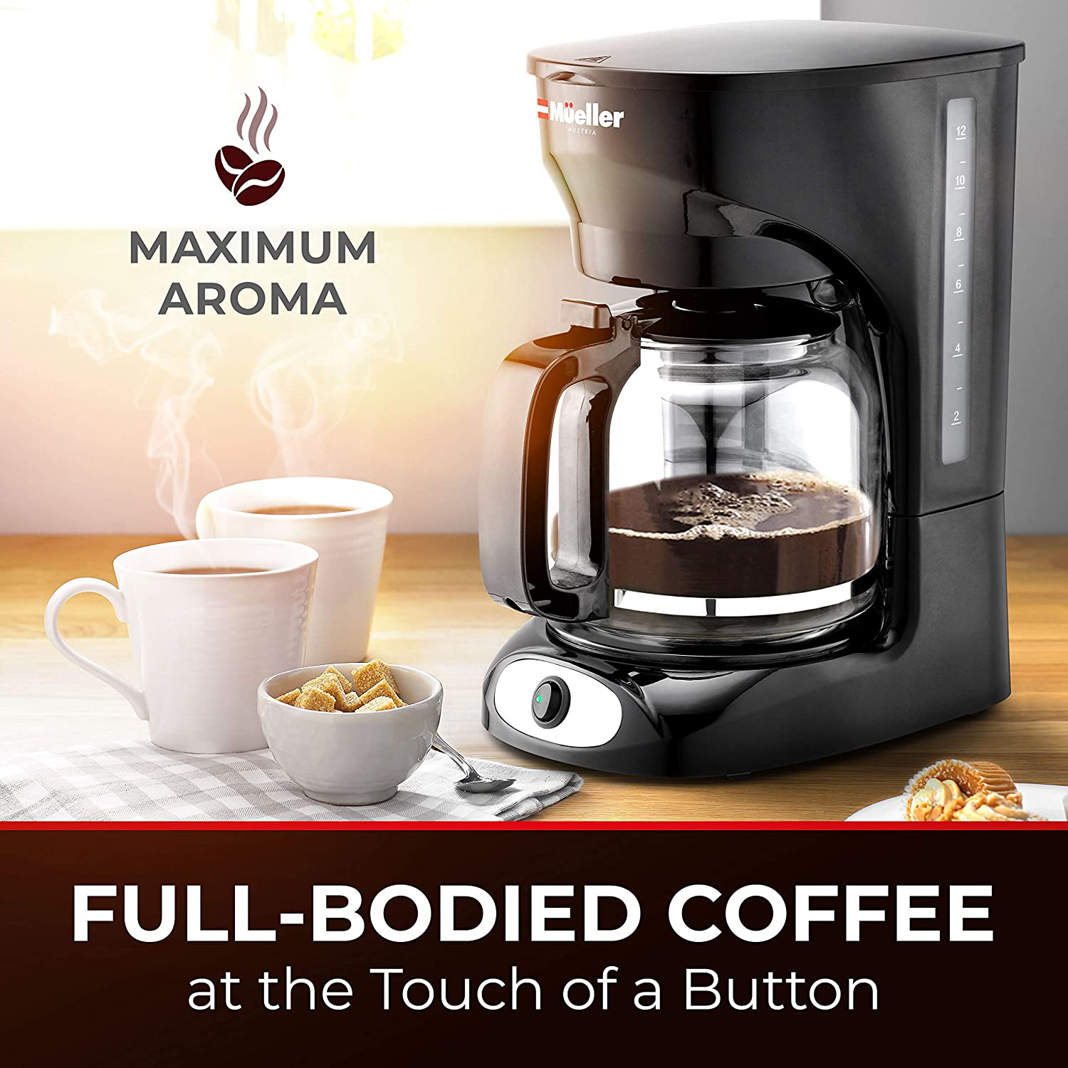 Mueller 12-Cup Drip Coffee Maker, Auto Keep Warm Function, Smart Anti-Drip System, with Durable Permanent Filter and  Borosilicate Glass Carafe, Clear Water Level Window Coffee Machine