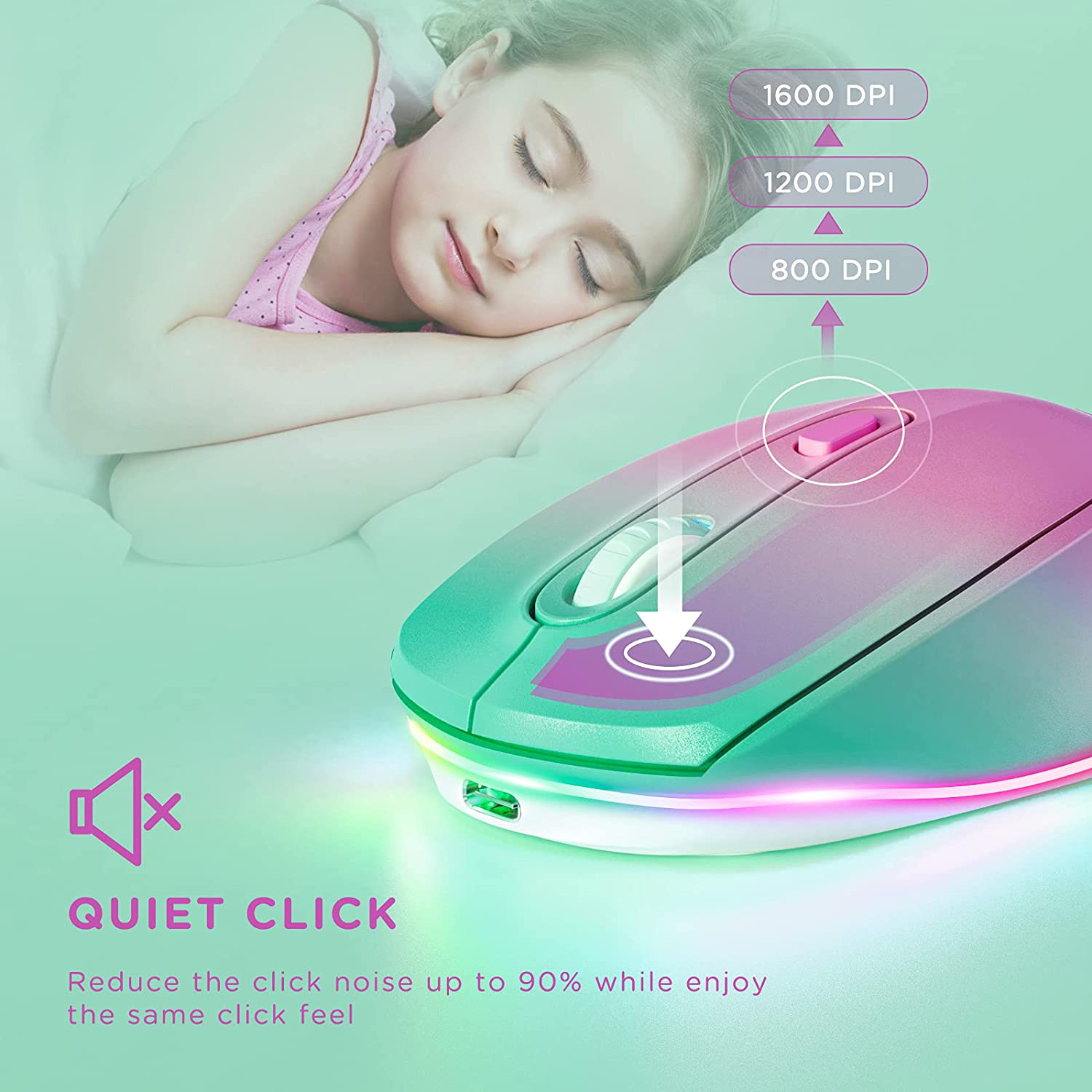 seenda Wireless Mouse, Ultra Silent Rechargeable LED Cordless Mouse with USB Receiver and 3 Adjustable DPI for Kids Laptop Computer Chromebook, Gradient Blue
