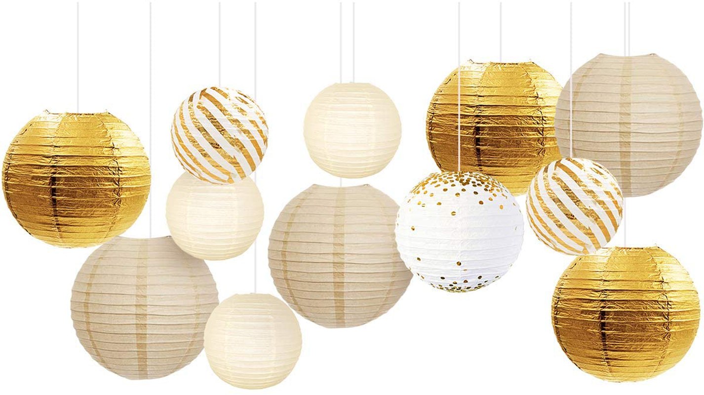 Black & Gold Party Supplies - 12Pcs Black and Gold Metallic Foil Paper Lanterns