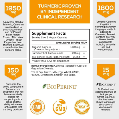 Turmeric Curcumin Highest Potency 95% Curcuminoids 1950mg with BioPerine Black Pepper for Ultra High Absorption, Made in USA, Best Vegan Joint Support by Natures Nutrition - 60 Capsules