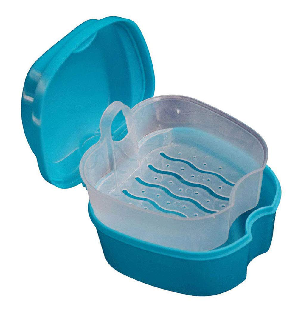 KISEER Denture Bath Case Cup Box Holder Storage Soak Container with Strainer Basket for Travel Cleaning (Blue)