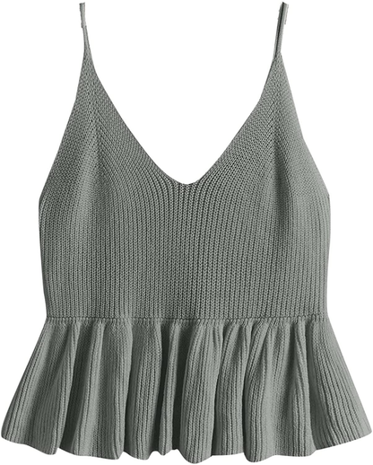 SweatyRocks Women's Casual Knit Top Sleeveless Ruffle Hem V Neck Peplum Crop Tank Top