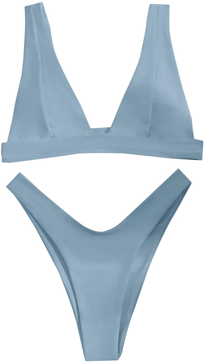 SheIn Women's Solid High Cut Thong Bikini Swimsuit Padded Plunging Bathing Suit