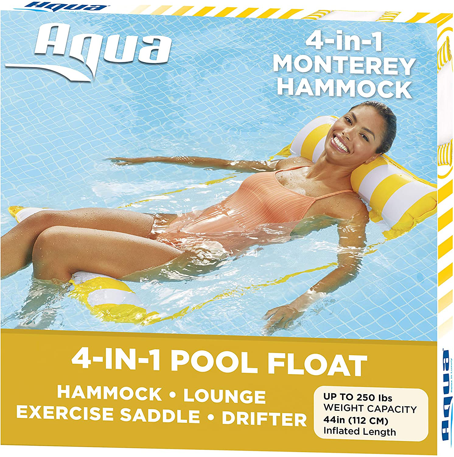 Aqua 4-in-1 Monterey Pool Hammock & Float, 50% Thicker, Patented Non-Stick PVC, Multi-Purpose Water Hammock (Saddle, Chair, Hammock, Drifter) Pool Chair for Adults - Golden Sunshine