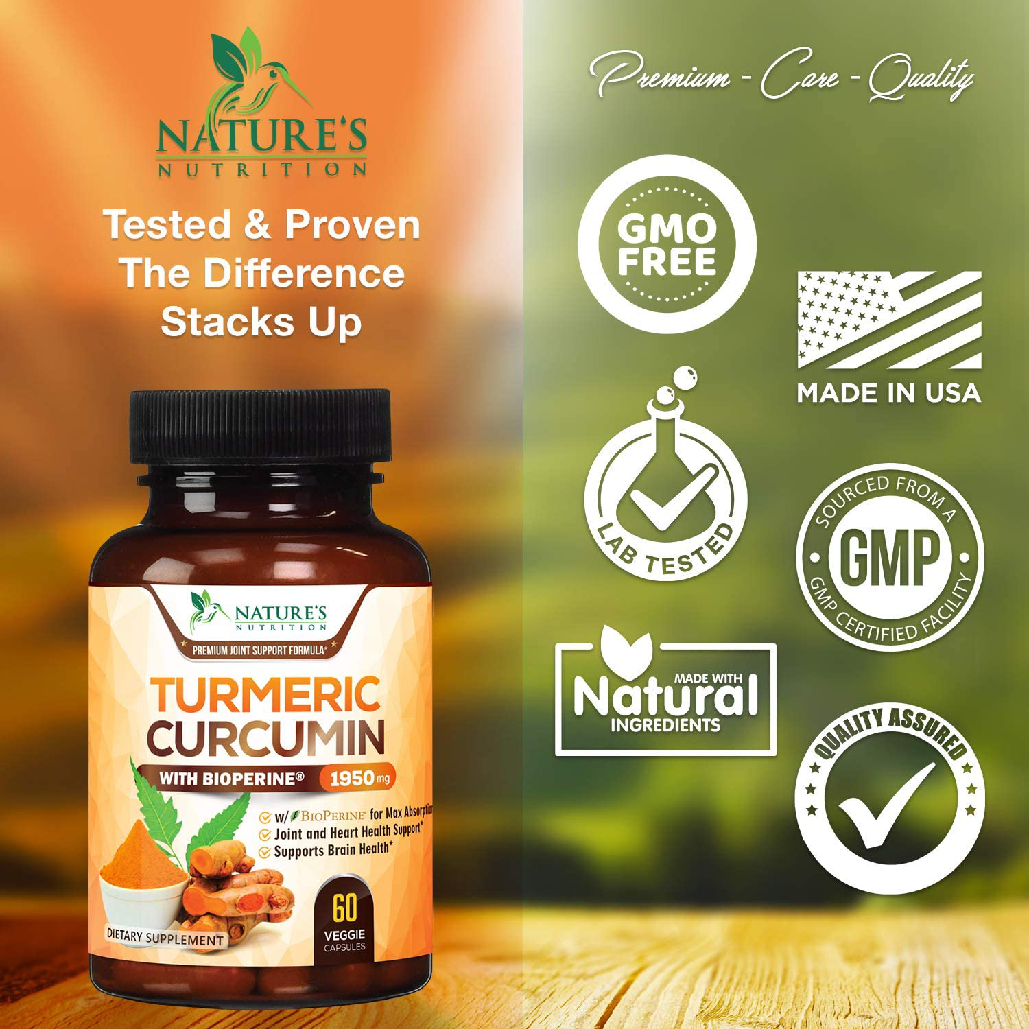 Turmeric Curcumin Highest Potency 95% Curcuminoids 1950mg with BioPerine Black Pepper for Ultra High Absorption, Made in USA, Best Vegan Joint Support by Natures Nutrition - 60 Capsules