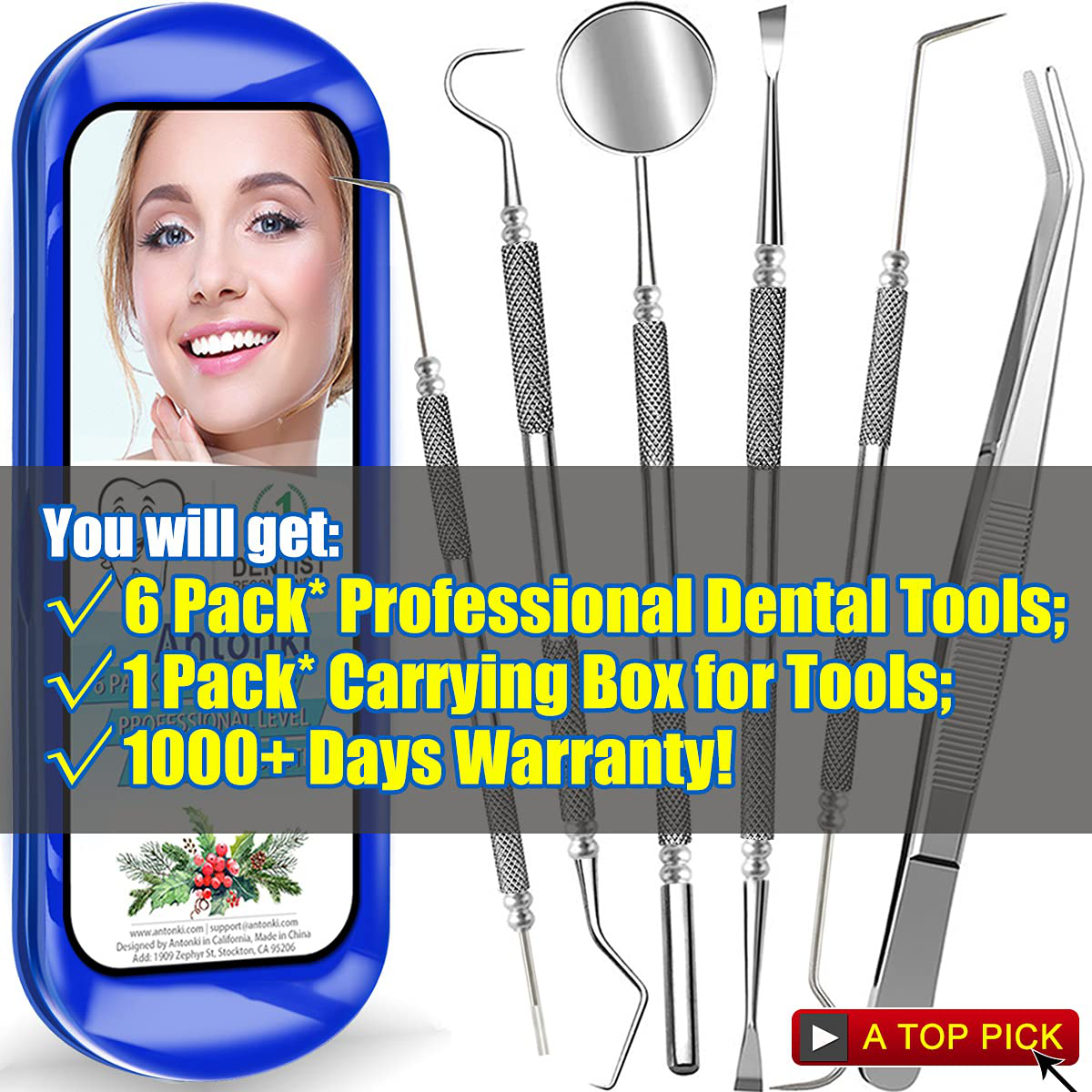 Dental Tools To Remove Plaque and Tartar, Professional Teeth Cleaning Tools, Stainless Steel Dental Hygiene Oral Care Kit with Plaque Remover, Tartar Scraper, Tooth Scaler, Dental Pick - with Case