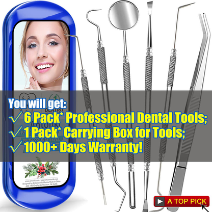 Dental Tools To Remove Plaque and Tartar, Professional Teeth Cleaning Tools, Stainless Steel Dental Hygiene Oral Care Kit with Plaque Remover, Tartar Scraper, Tooth Scaler, Dental Pick - with Case
