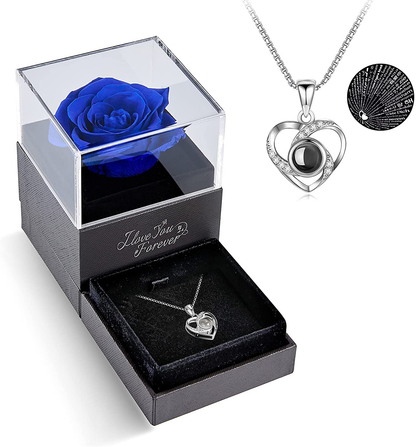 Preserved Red Real Rose with I Love You Necklace in 100 Languages -Enchanted Rose Flower Gifts for Mom Wife Girlfriend Her on Mothers Day Valentines Day Anniversary Christmas Birthday Gifts for Women