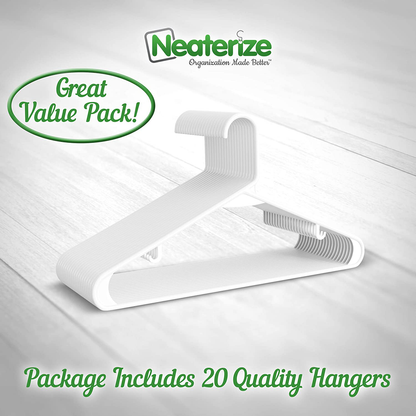 Plastic Clothes Hangers (20, 40, & 60 Packs) Heavy Duty Durable Coat and Clothes Hangers | Vibrant Color Hangers | Lightweight Space Saving Laundry Hangers (20 Pack - White)